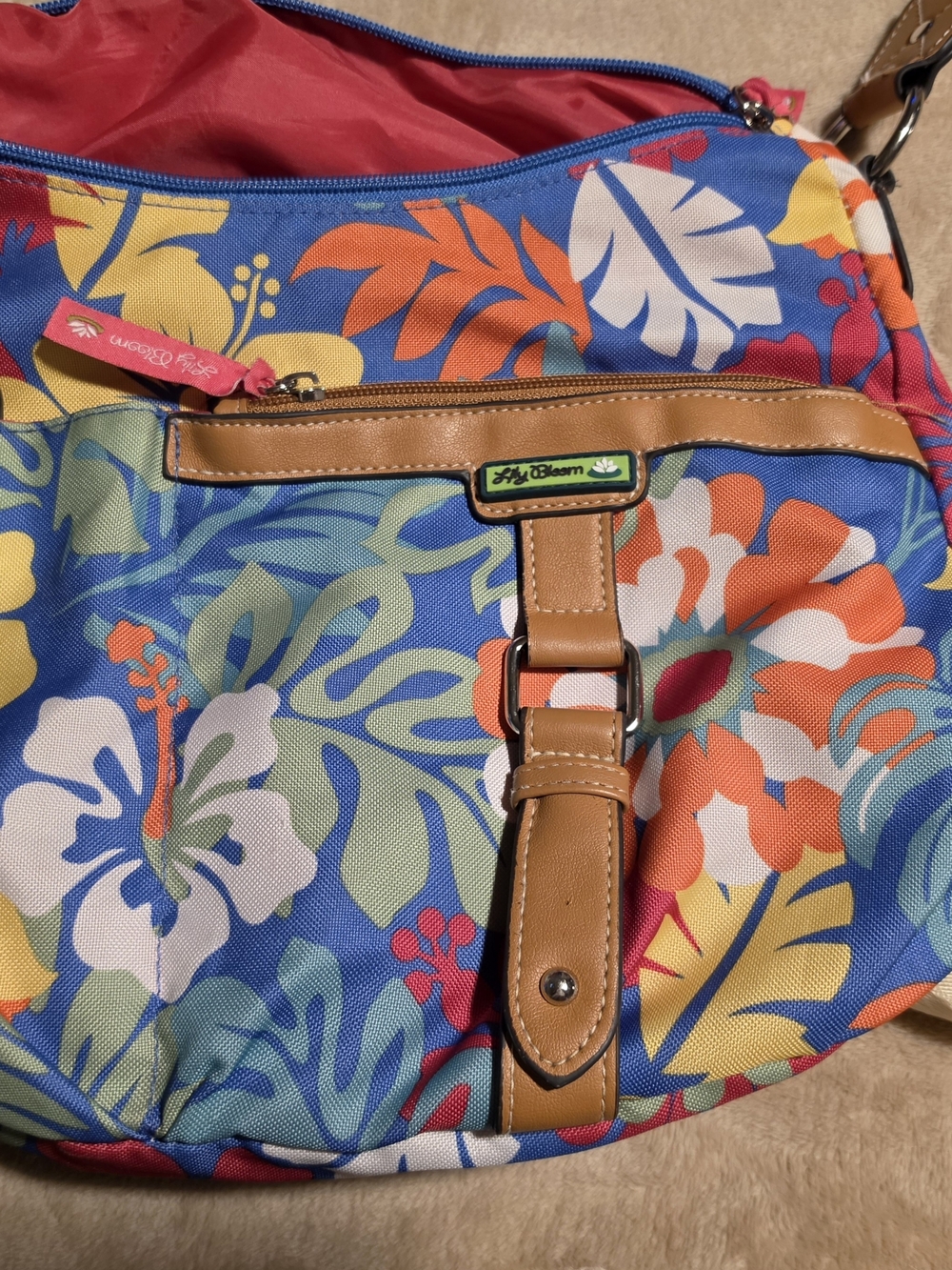Lily Bloom Tropical Floral Satchel in Blue, Orange, Yellow & Tan